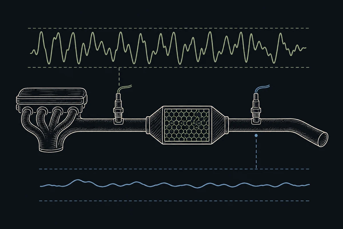 Sketch of an exhaust path with a catalytic converter, two oxygen sensors, and contrasting signal traces.