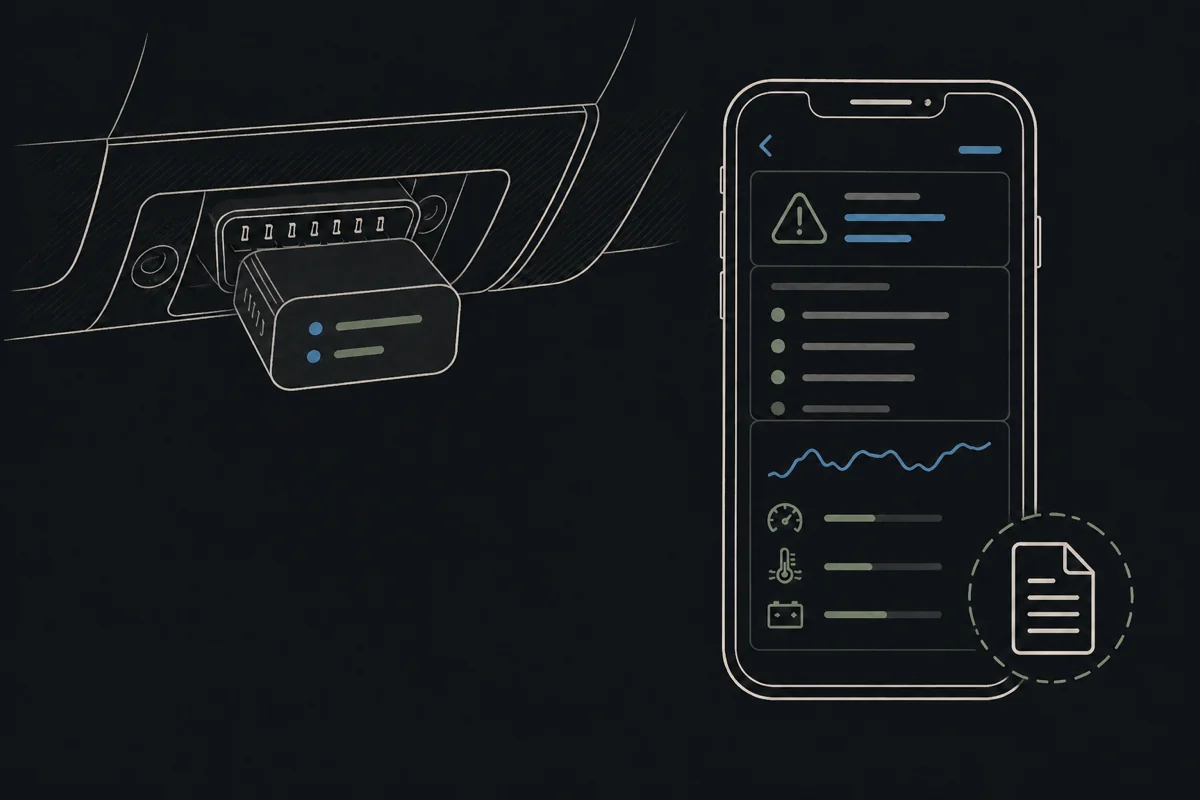 Sketch of an OBD-II adapter plugged into a car's diagnostic port beside a phone showing saved scan evidence.
