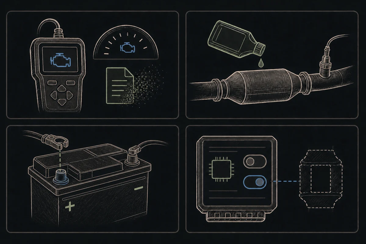 Four sketches showing code clearing, a catalyst additive, a disconnected battery terminal, and a monitor bypass.